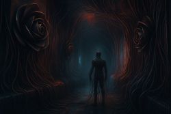 A dark interior with metal roses on the wall and synthwires enveloping a person.